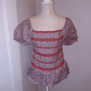 NWT Easel Top Peplum Puff Sleeve Smocked Floral Women's Size L Boho Cottagecore